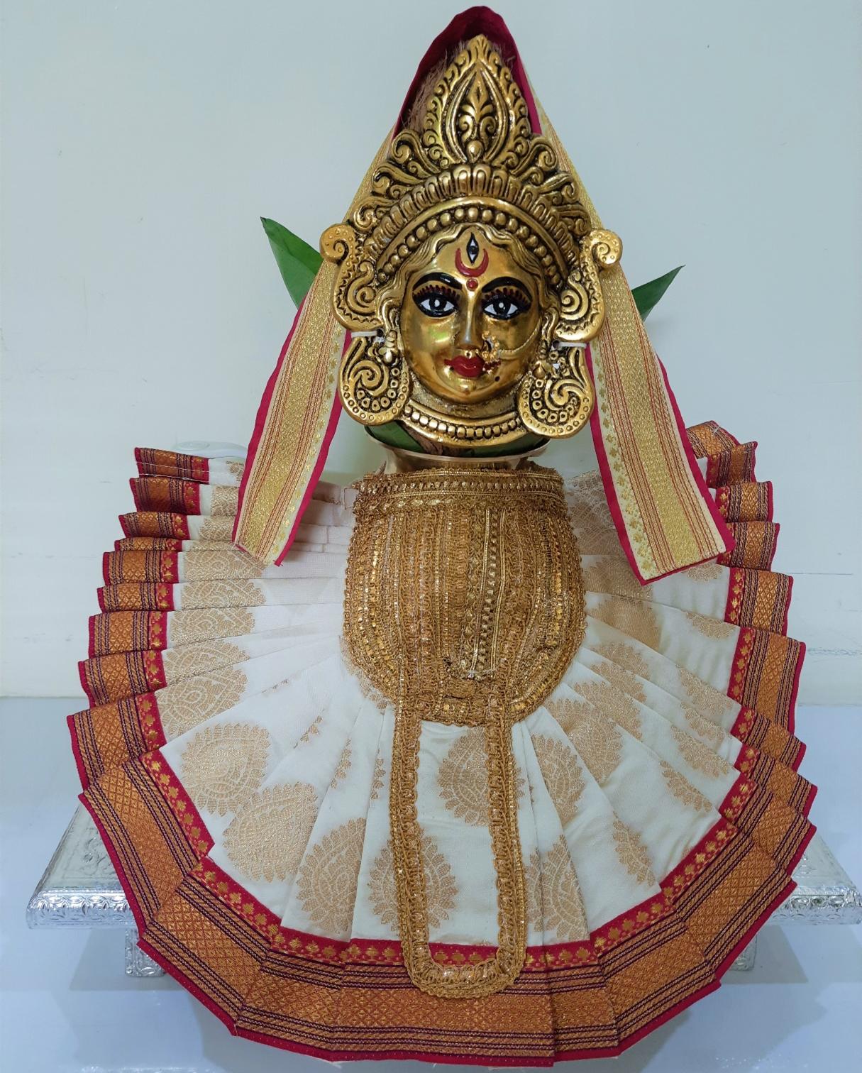 Deity Pre-stitched Kohlapur Mahalakshmi Saree made of Tapeta Silk (Not Pure Silk) - White Saree with Pink border,  Pink blouse and Shalya 2