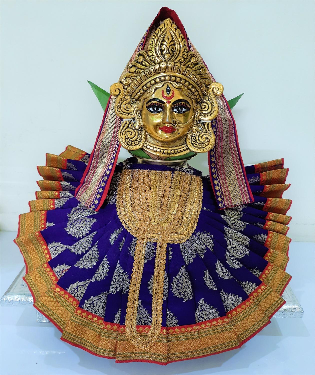 Deity Pre-stitched Kohlapur Mahalakshmi Saree made of Tapeta Silk (Not Pure Silk) - Purple Saree with Red border,  Red blouse and Shalya 2