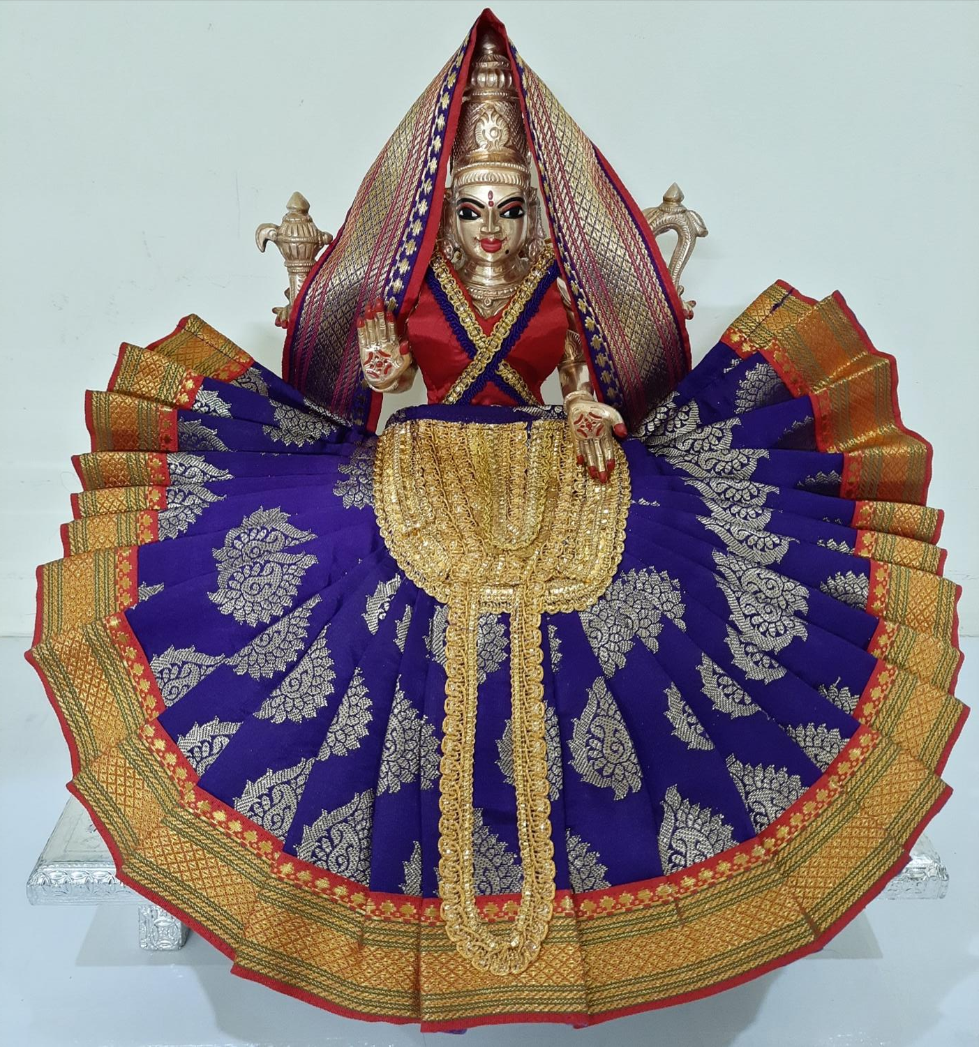 Deity Pre-stitched Kohlapur Mahalakshmi Saree made of Tapeta Silk (Not Pure Silk) - Purple Saree with Red border,  Red blouse and Shalya 1
