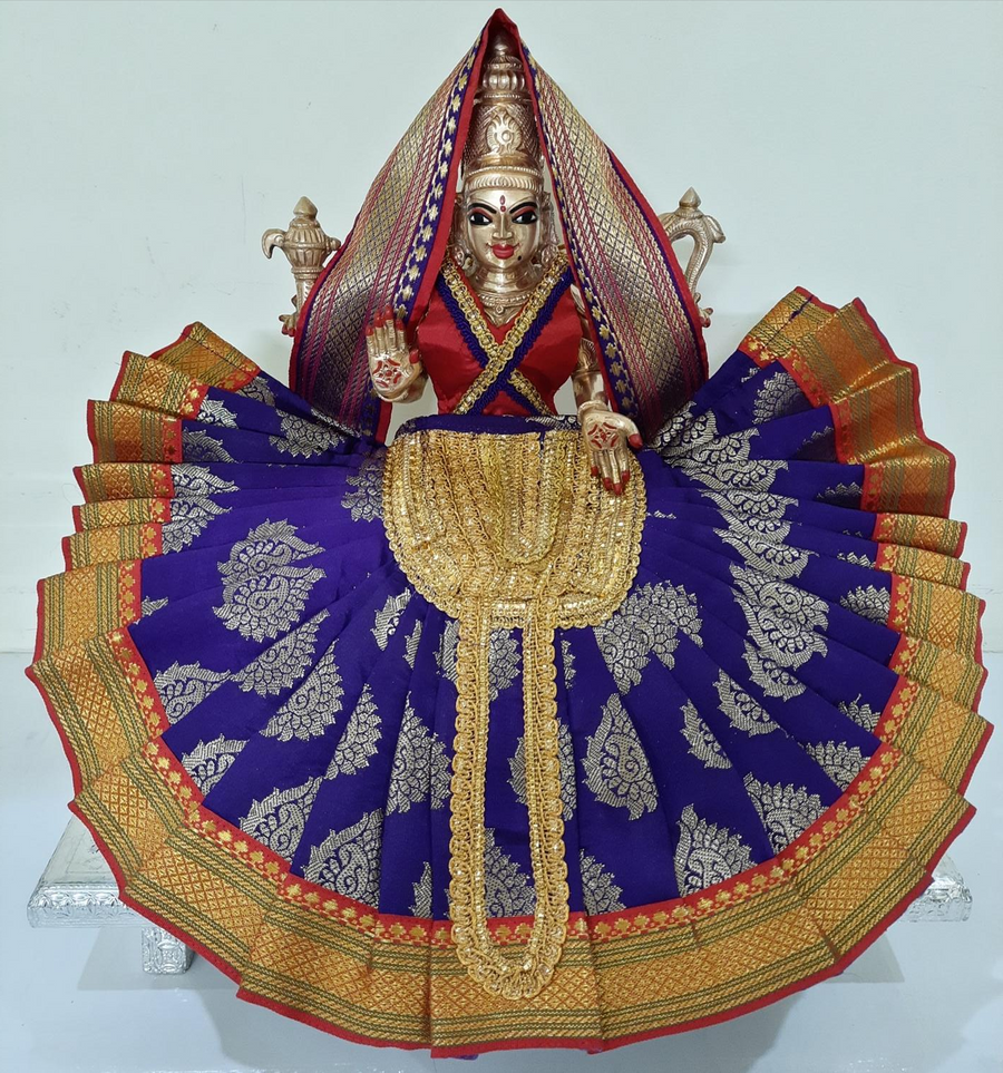 Deity Pre-stitched Kohlapur Mahalakshmi Saree made of Tapeta Silk (Not Pure Silk) - Purple Saree with Red border,  Red blouse and Shalya