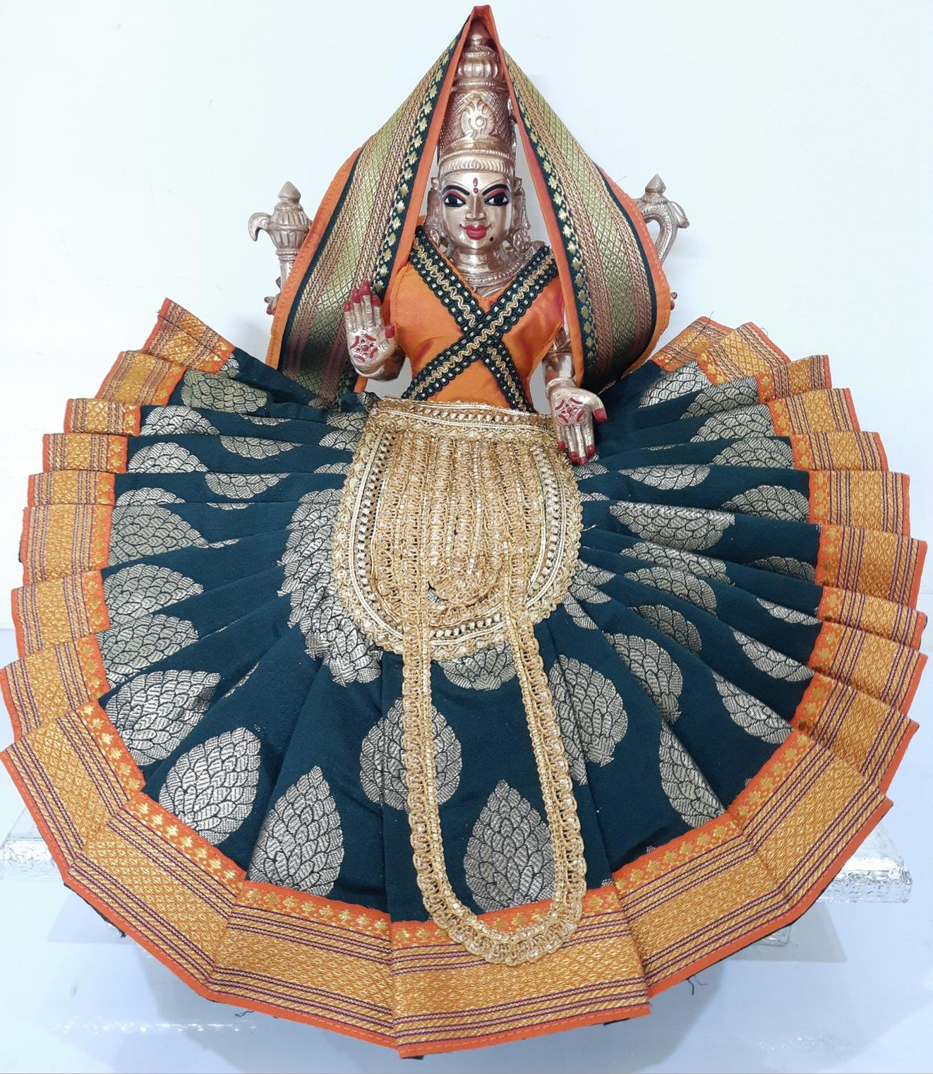 Deity Pre-stitched Kohlapur Mahalakshmi Saree made of Tapeta Silk (Not Pure Silk) - Bottel Green Saree with Orange  border, Orange blouse and Shalya 1