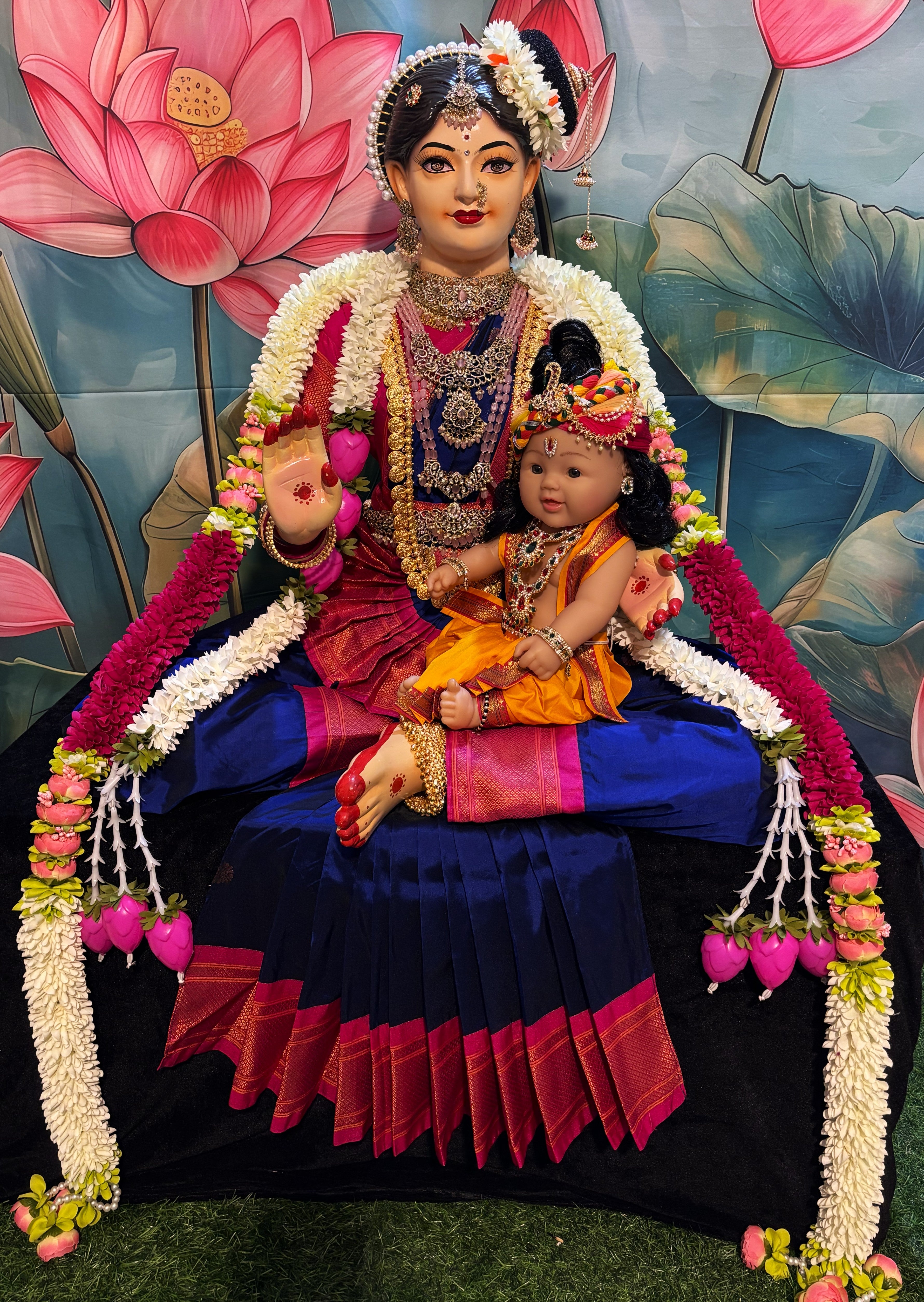 Premium Santhana Lakshmi Fiber Body with Adorned Baby Krishna, Semi Kanjivaram Silk Saree, Victorian Stones Jewellery & Andal Kondai | Fully Dismantlable Goddess Idol for Varamahalakshmi & Navaratri 1