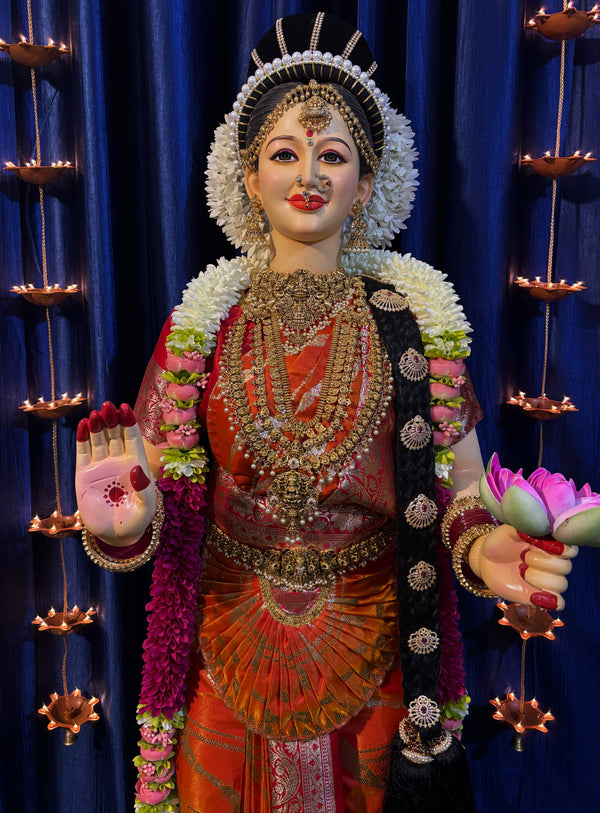 Premium Varamahalakshmi Fiber Body with Banaras Kanjivaram Saree, Temple Jewellery, Stone Crown & Lotus Alankaram | Fully Dismantlable Goddess Idol for Varamahalakshmi & Navaratri