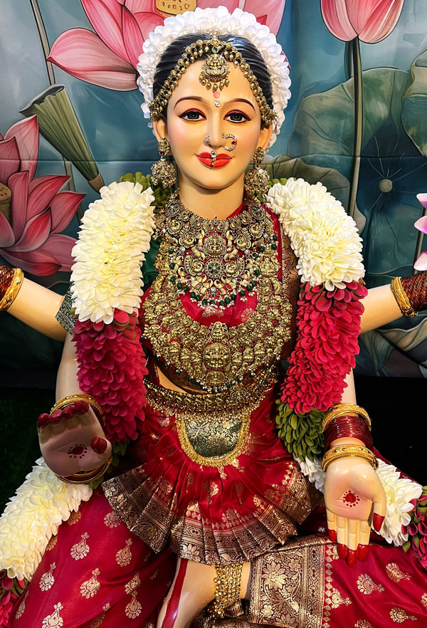 Premium Varamahalakshmi Fiber Body with Banaras Kanjivaram Saree, Temple Jewellery, Stone Crown & Lotus Alankaram | Fully Dismantlable Goddess Idol for Varamahalakshmi & Navaratri