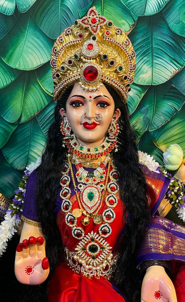 Premium Varamahalakshmi Fiber Body with Banaras Kanjivaram Saree, Temple Jewellery, Stone Crown & Lotus Alankaram | Fully Dismantlable Goddess Idol for Varamahalakshmi & Navaratri