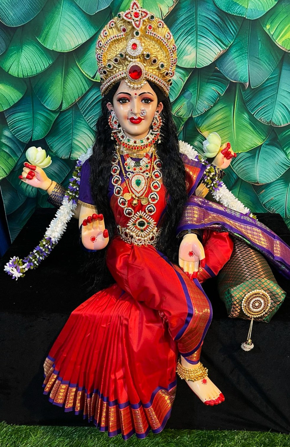 Premium Varamahalakshmi Fiber Body with Banaras Kanjivaram Saree, Temple Jewellery, Stone Crown & Lotus Alankaram | Fully Dismantlable Goddess Idol for Varamahalakshmi & Navaratri 2