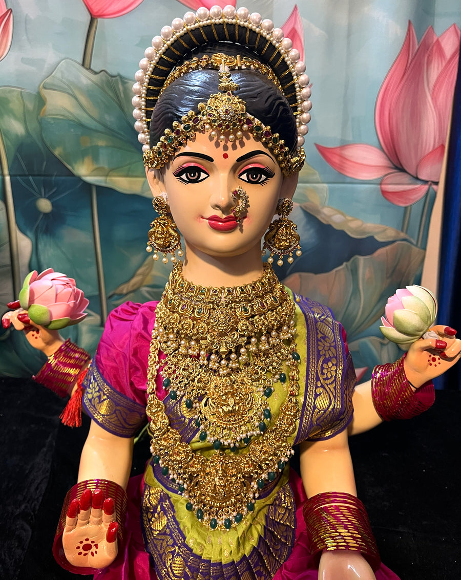 Premium Varamahalakshmi Fiber Body with Semi Silk Saree, Temple Jewellery, Stone Crown & Lotus Alankaram | Fully Dismantlable Goddess Idol for Varamahalakshmi & Navaratri