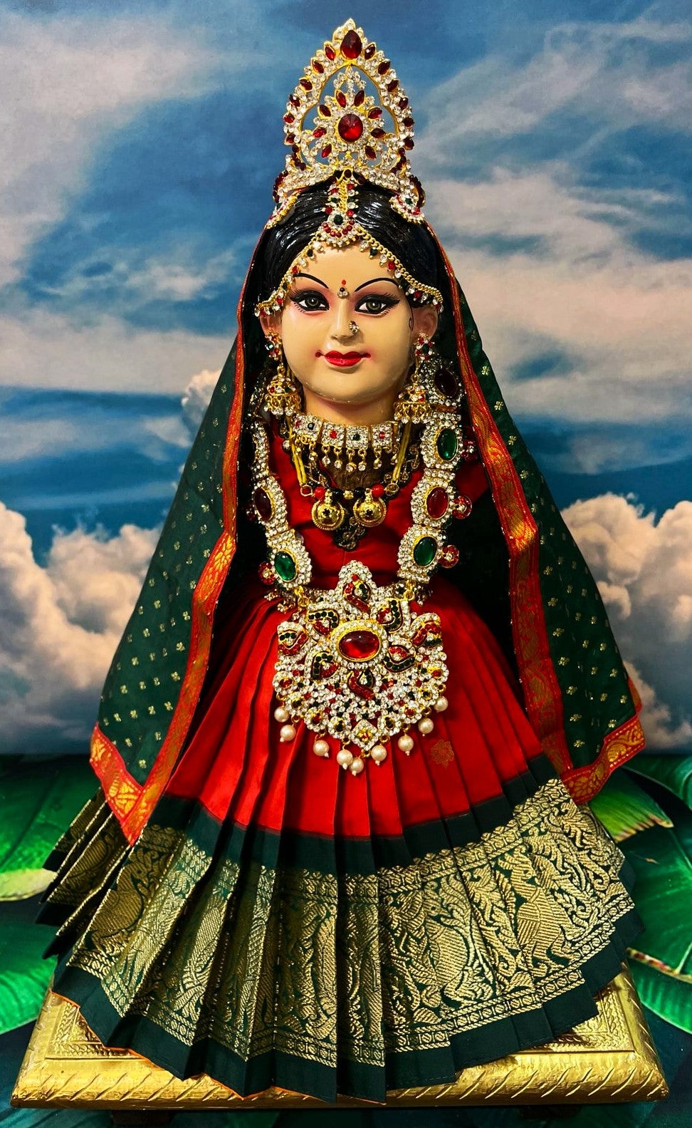 Premium Varamahalakshmi Fiber Face with Pure Kanchivaram Silk Saree, Temple Jewellery, Stone Crown & Lotus Alankaram | Fully Dismantlable Goddess Face for Kalash for Varamahalakshmi & Navaratri 2