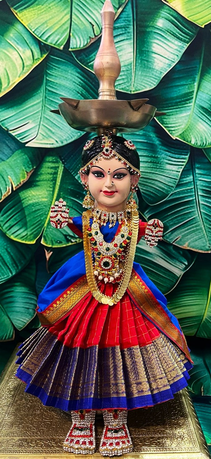 Premium Varamahalakshmi Fiber Face with Checks Organza Saree, Temple Jewellery, Stone Crown & Lotus Alankaram | Fully Dismantlable Goddess Face for Diya for Varamahalakshmi & Navaratri 1