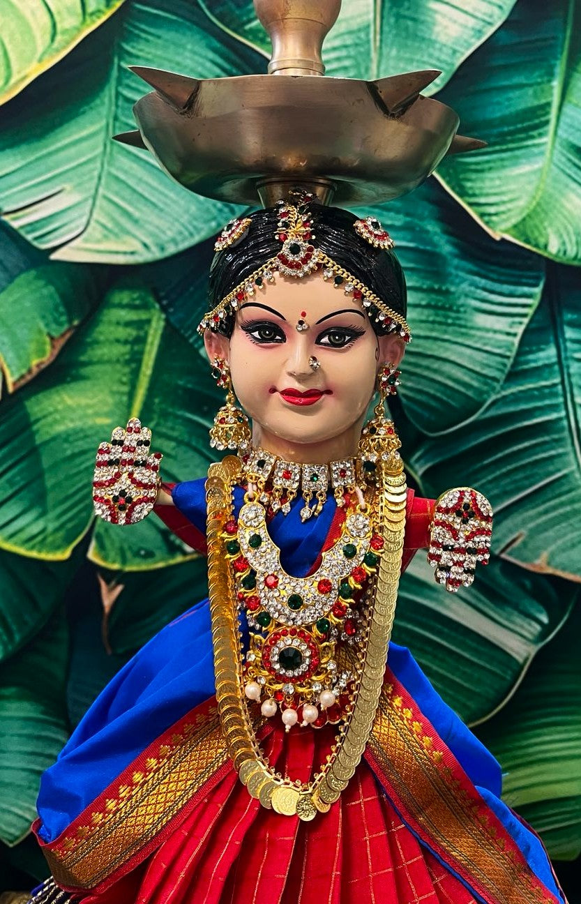 Premium Varamahalakshmi Fiber Face with Checks Organza Saree, Temple Jewellery, Stone Crown & Lotus Alankaram | Fully Dismantlable Goddess Face for Diya for Varamahalakshmi & Navaratri 2