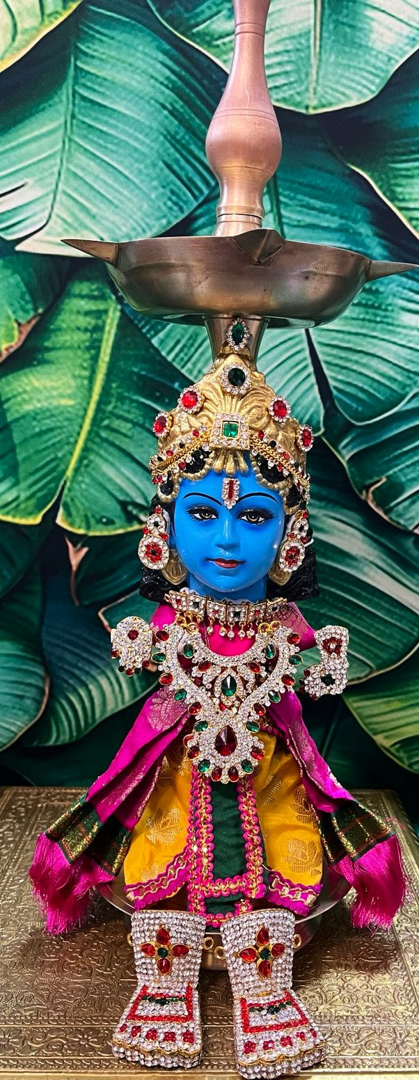 Premium Vishnu Fiber Face with Tapeta Silk Dhoti, Temple Jewellery, Stone Crown & Lotus Alankaram | Fully Dismantlable Goddess Face for Diya for Varamahalakshmi & Navaratri