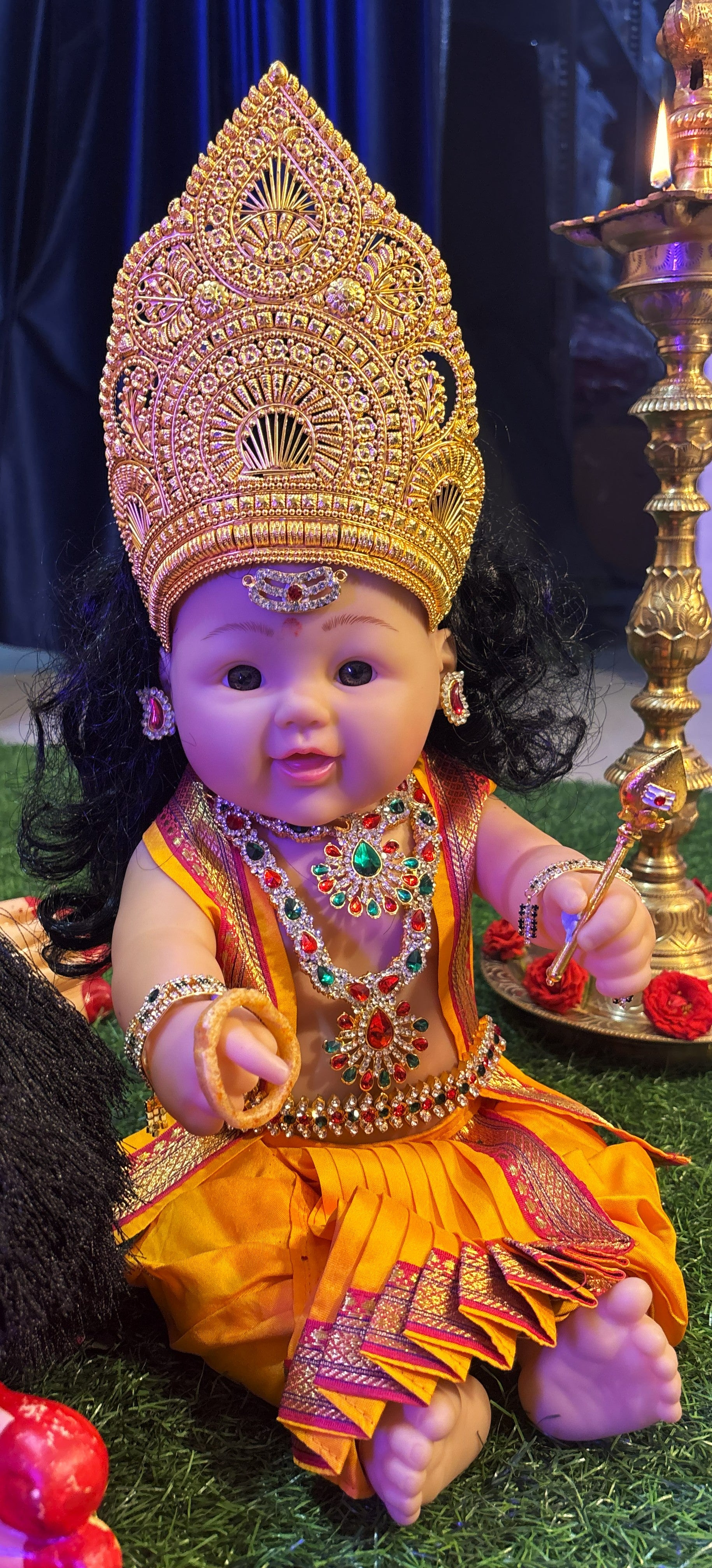 Premium Ganesha and Baby Subramanya Fiber Body with Semi Silk Dhoti, Temple Jewellery, Stone Alankaram | Fully Dismantlable diety Idol for Navaratri 1