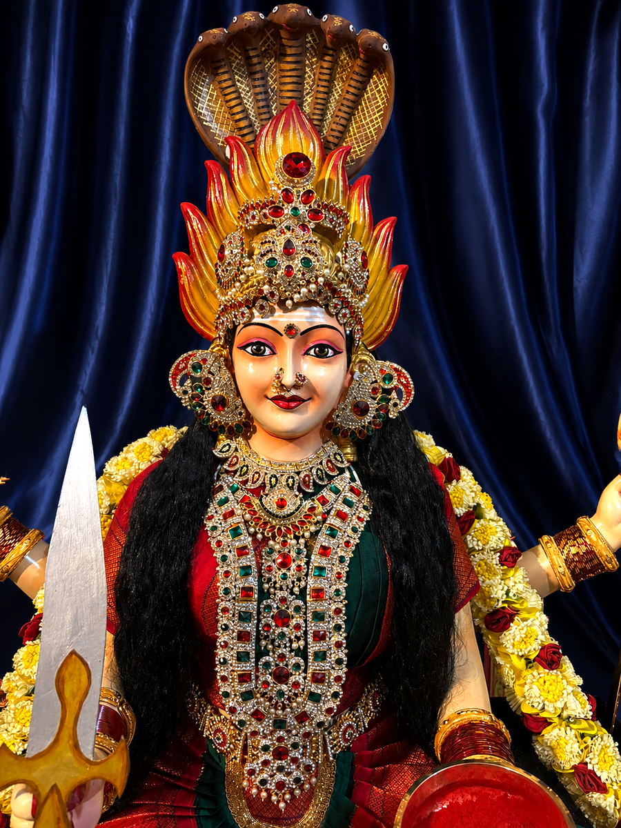 Premium THIRUVERKADU KARUMARIAMMAN Fiber Body with Semi Kanchivaram Silk Saree, Temple Jewellery, Stone Alankaram | Fully Dismantlable diety Idol for Navaratri