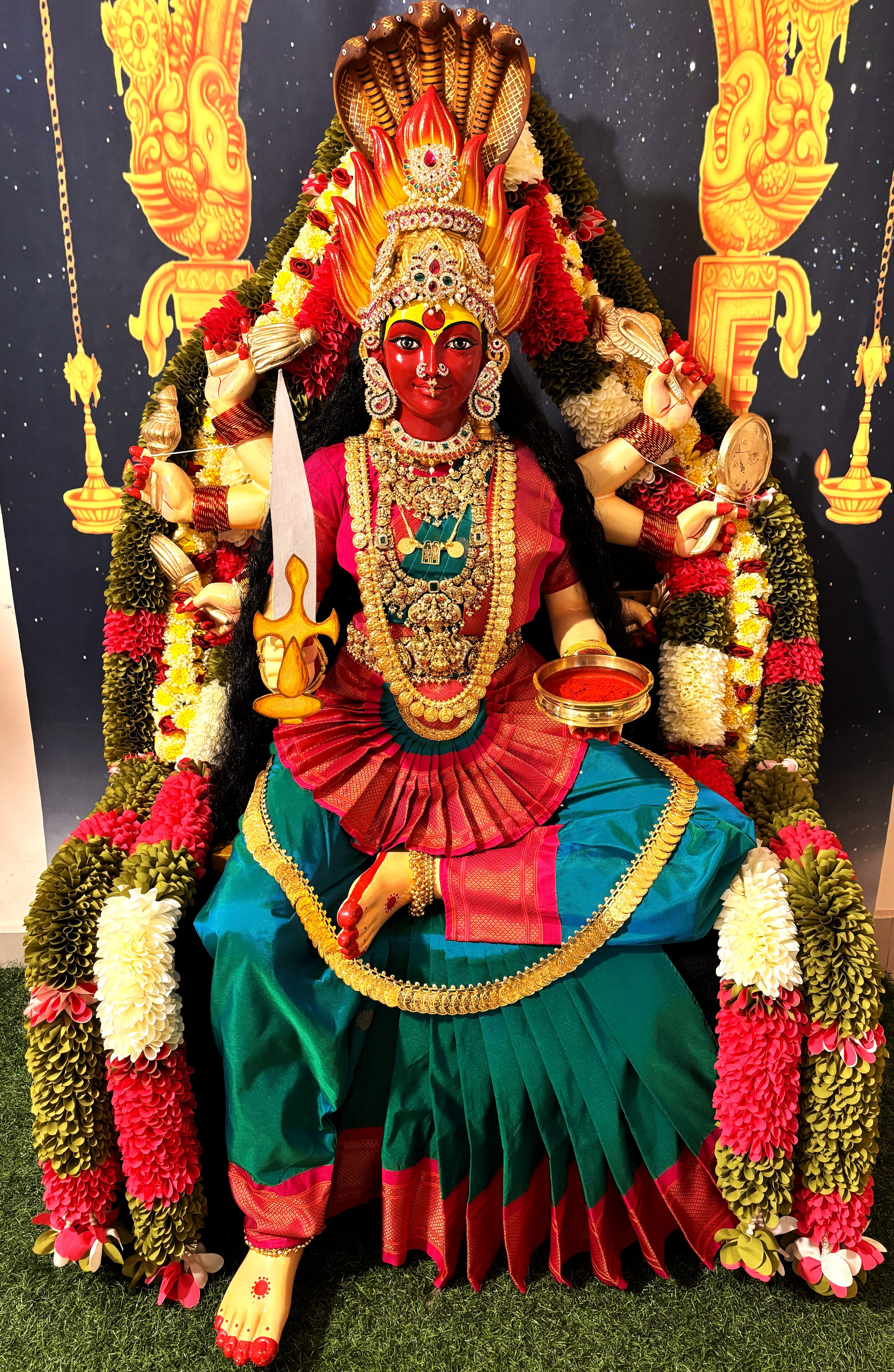 Premium SAMAYAPURA MARIAMMAN Fiber Body with Semi Kanchivaram Silk Saree, Temple Jewellery, Stone Alankaram | Fully Dismantlable diety Idol for Navaratri 1