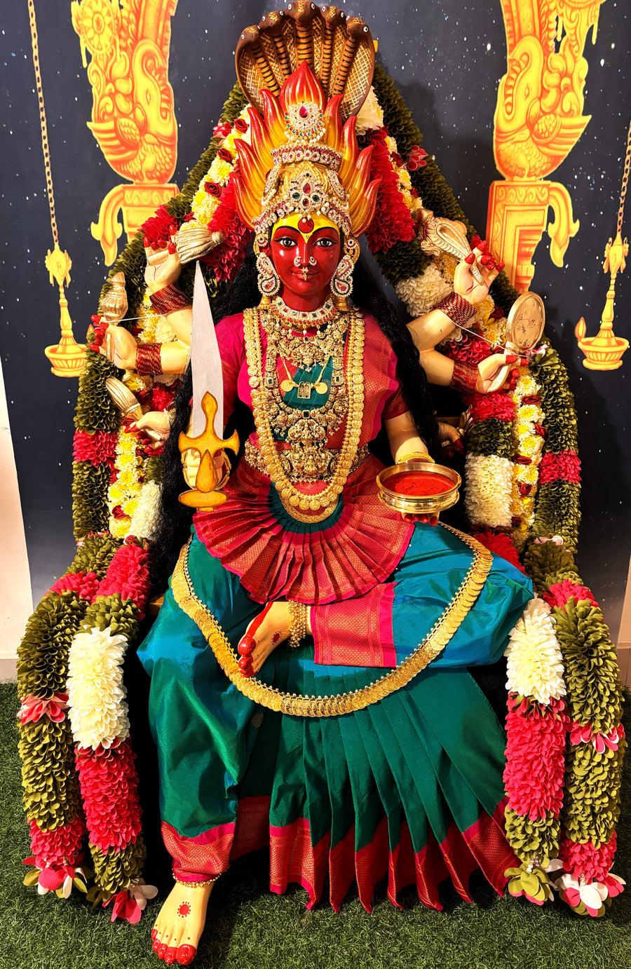 Premium SAMAYAPURA MARIAMMAN Fiber Body with Semi Kanchivaram Silk Saree, Temple Jewellery, Stone Alankaram | Fully Dismantlable diety Idol for Navaratri