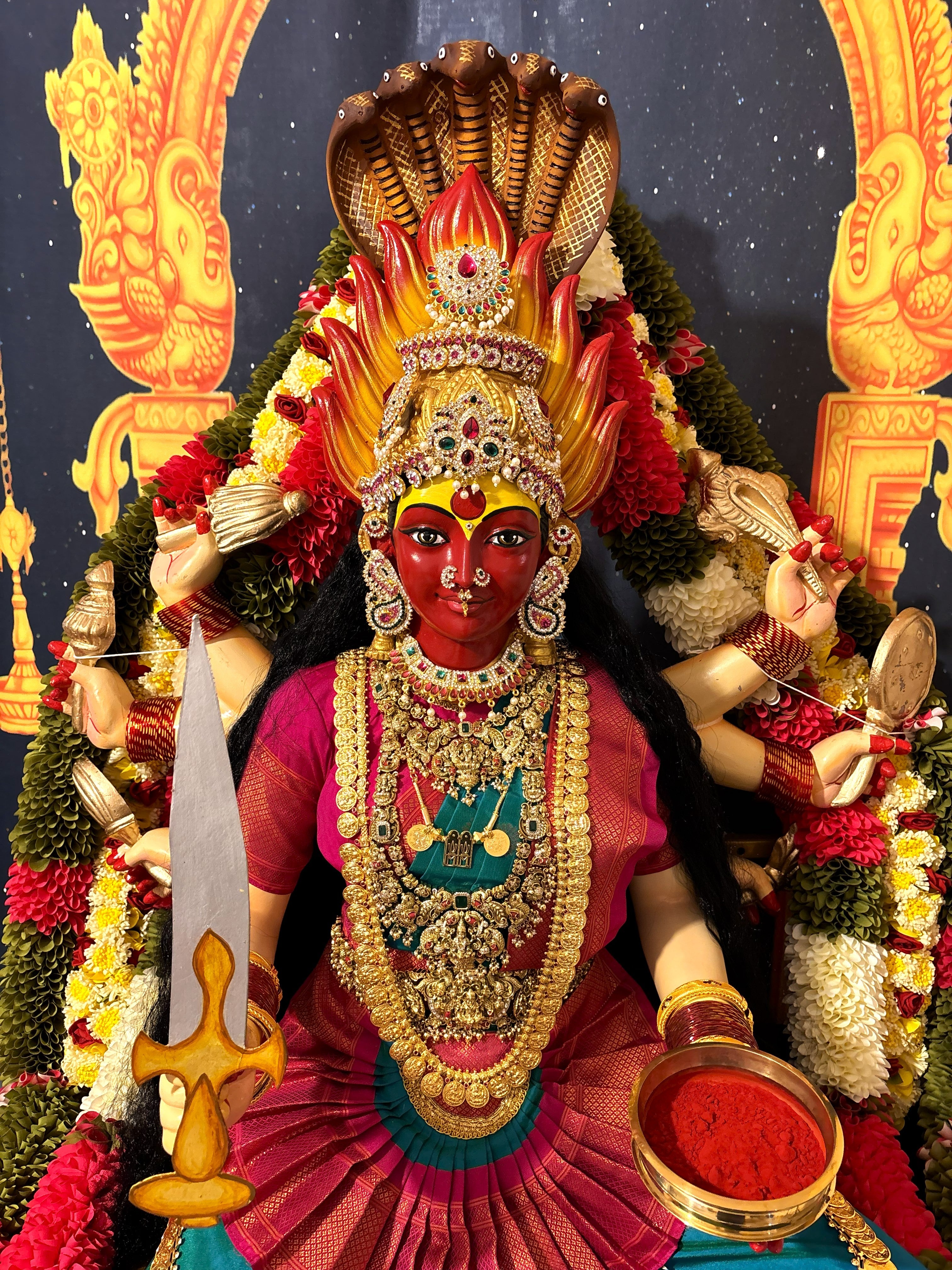 Premium SAMAYAPURA MARIAMMAN Fiber Body with Semi Kanchivaram Silk Saree, Temple Jewellery, Stone Alankaram | Fully Dismantlable diety Idol for Navaratri 2