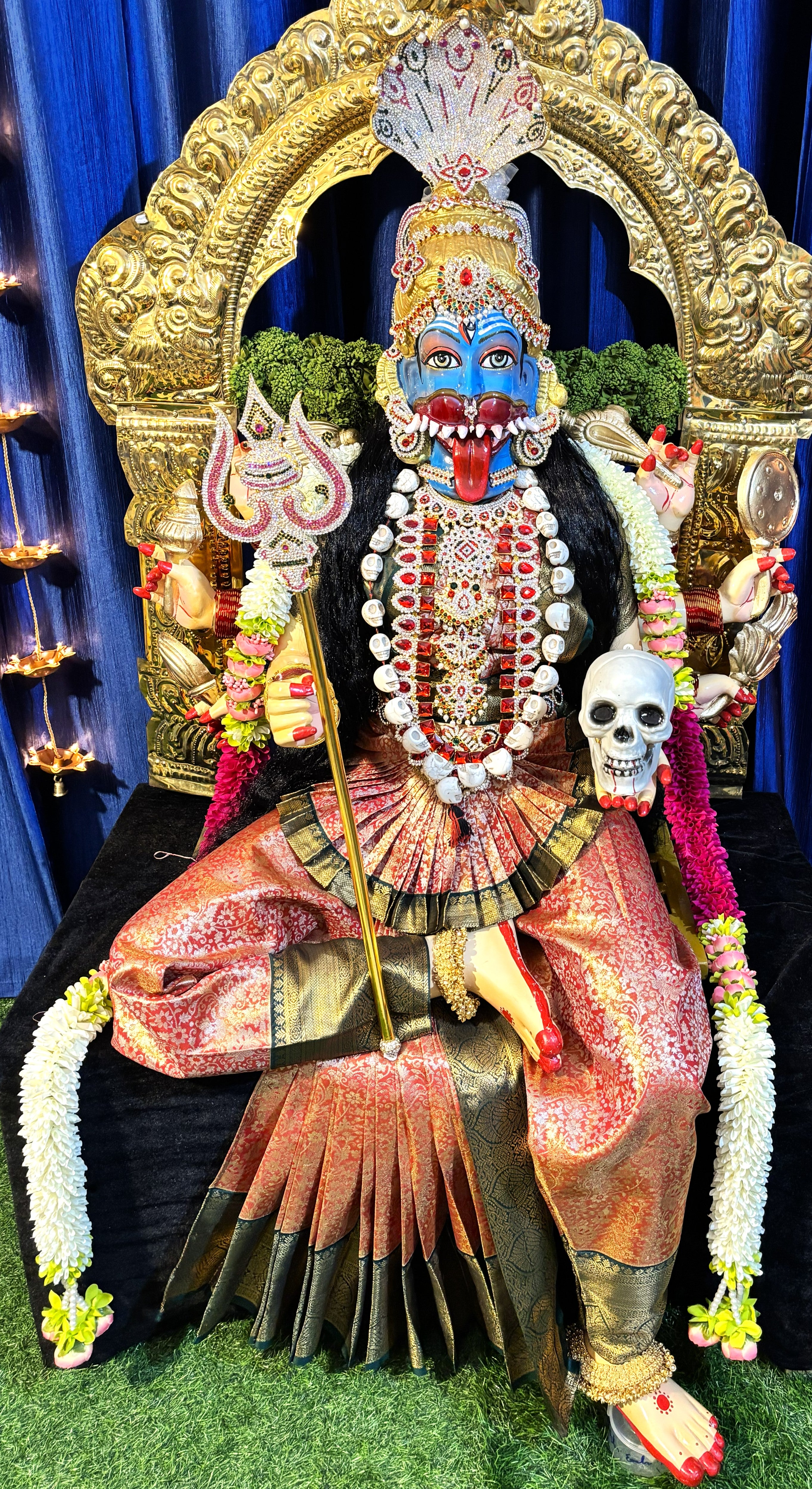 Premium PRATHYANGIRA Fiber Body with Semi Kanchivaram Tissue Silk Saree, Temple Jewellery, Stone Alankaram | Fully Dismantlable diety Idol for Navaratri 2
