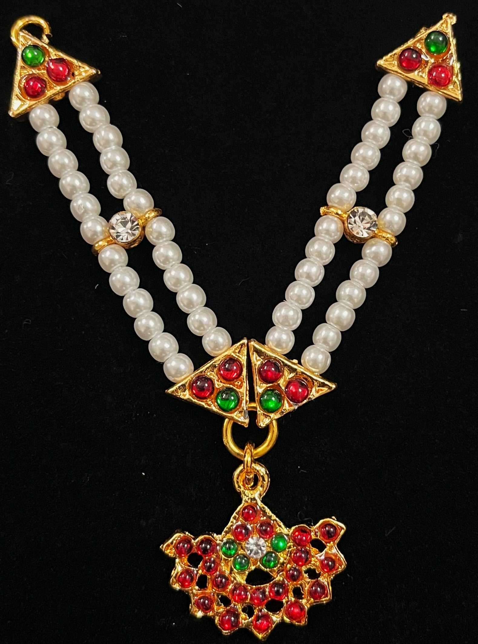 Deity long necklace / long mala - Pearls with read and green kemp stones on Gold plated metal alloy 1