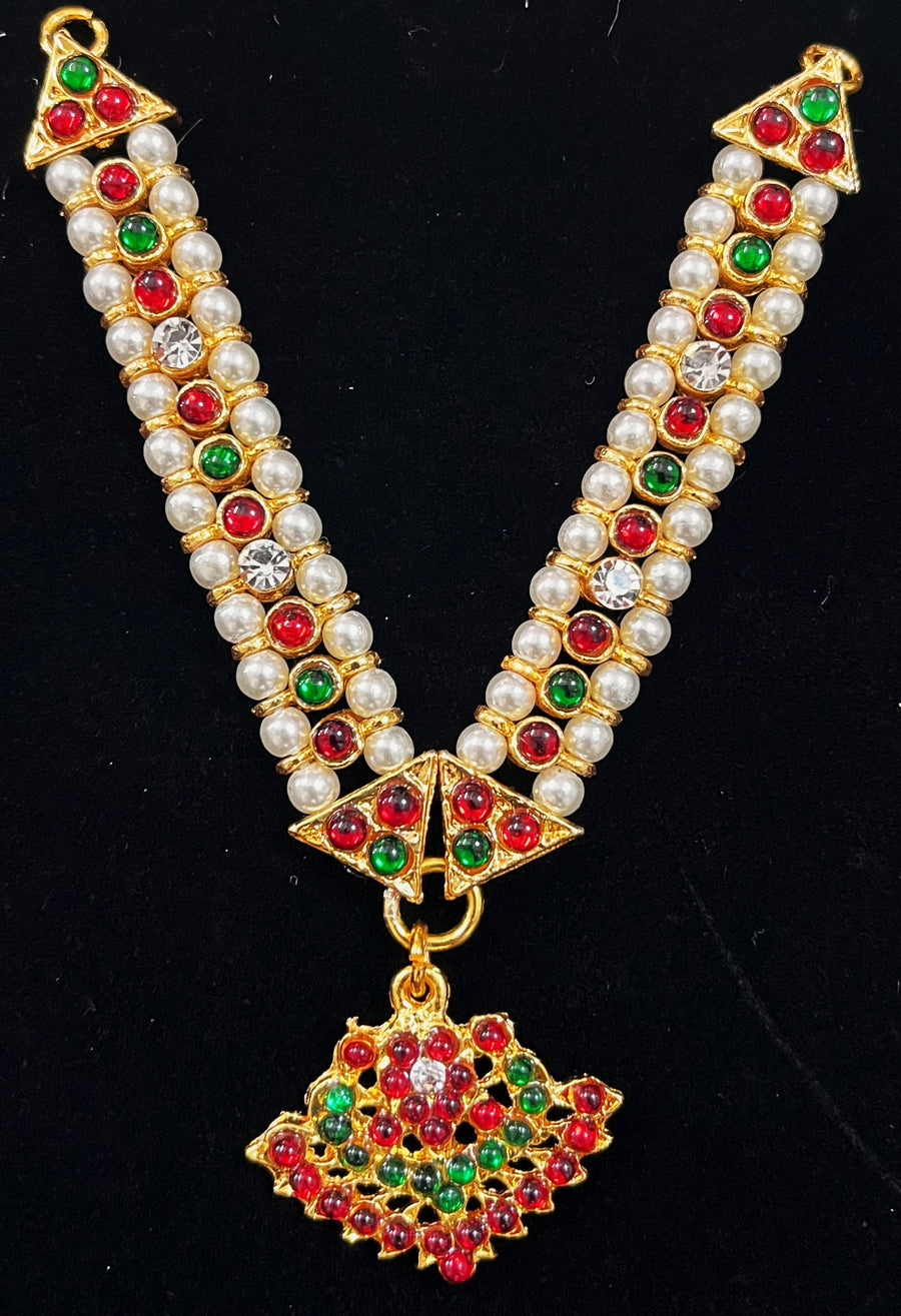 Deity long necklace / long mala - Pearls with read and green kemp stones on Gold plated metal alloy