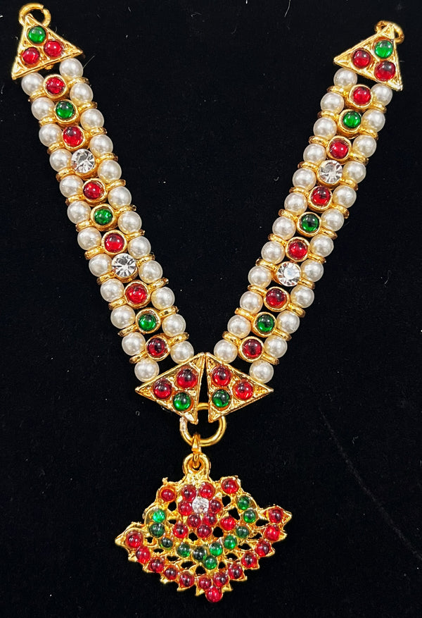 Deity long necklace / long mala - Pearls with read and green kemp stones on Gold plated metal alloy