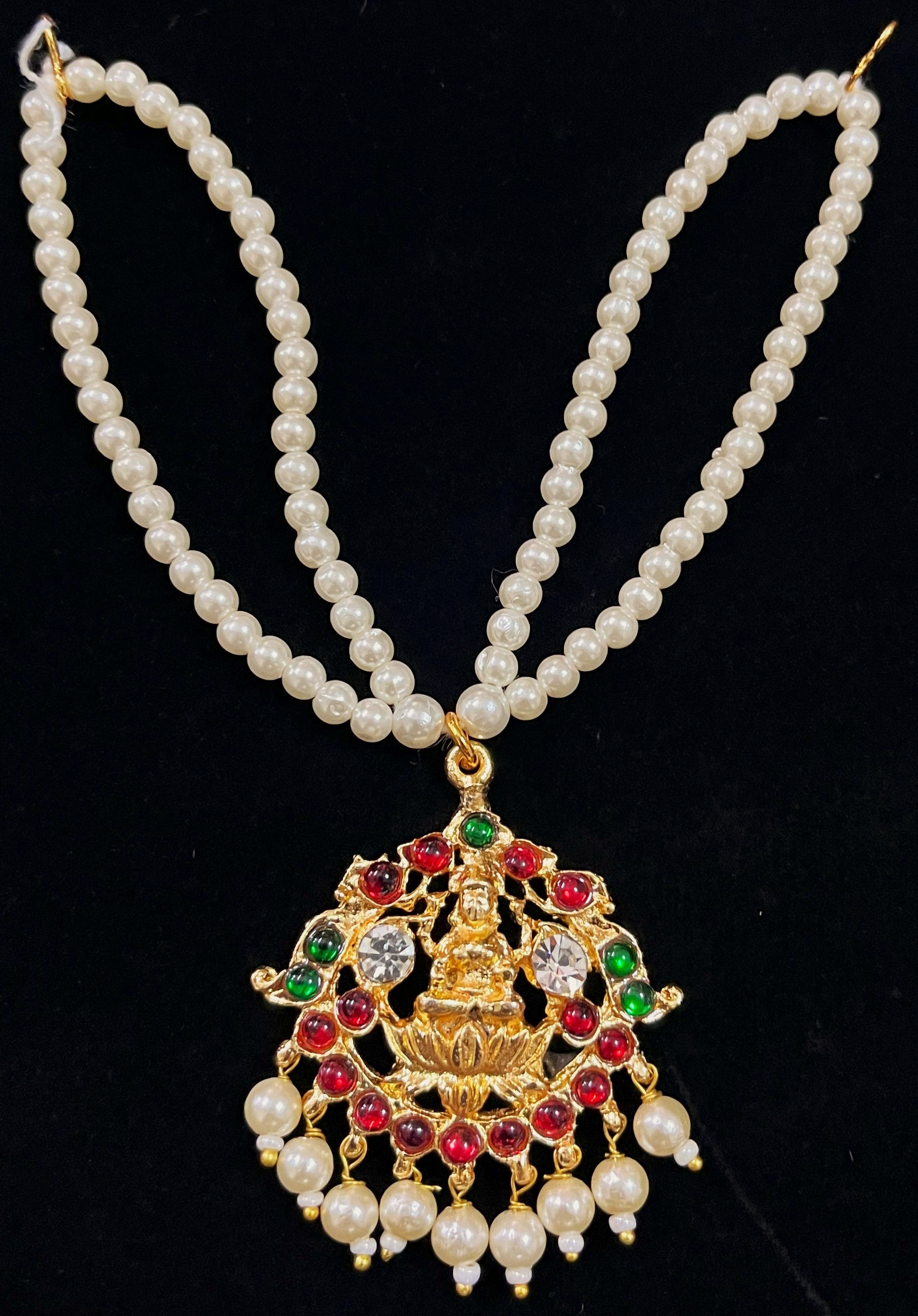 Deity long necklace / long mala - Pearls with read and green kemp stones on Gold plated metal alloy 1