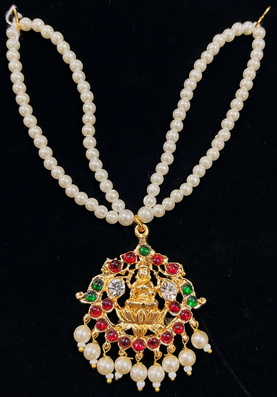 Deity long necklace / long mala - Pearls with read and green kemp stones on Gold plated metal alloy