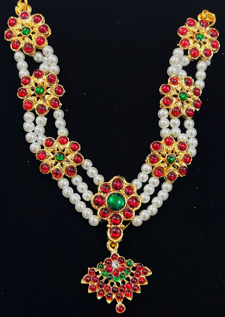 Deity long necklace / long mala - Pearls with read and green kemp stones on Gold plated metal alloy