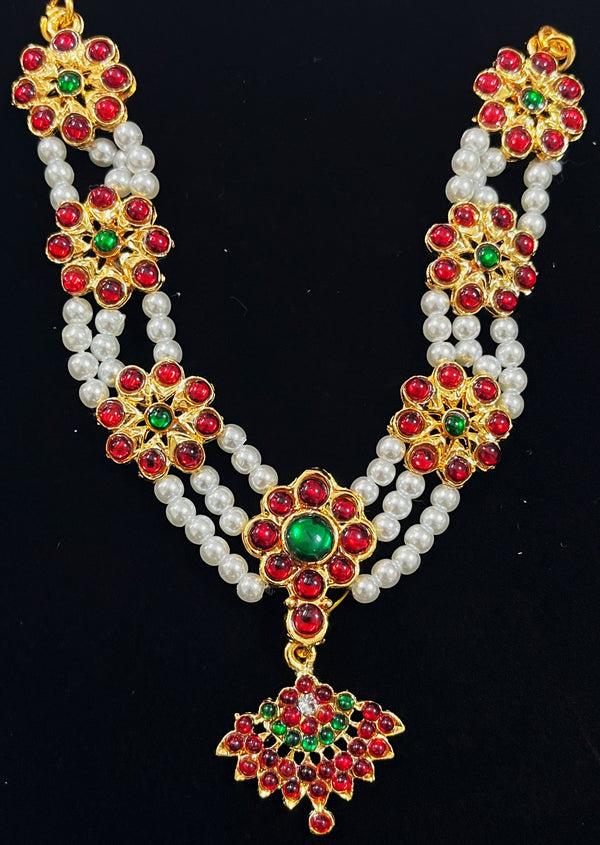 Deity long necklace / long mala - Pearls with read and green kemp stones on Gold plated metal alloy