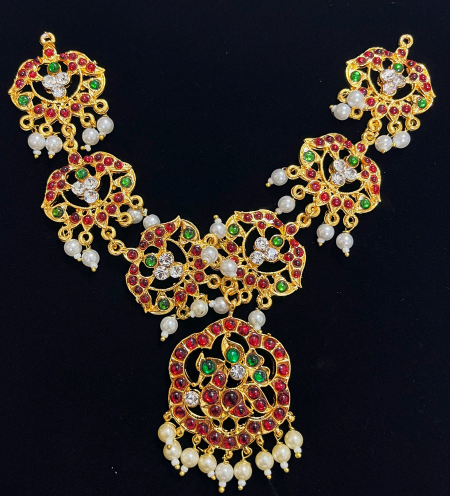 Deity short necklace / Choker - Pearls with read and green kemp stones on Gold plated metal alloy