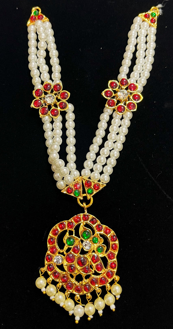Deity long necklace / long mala - Pearls with read and green kemp stones on Gold plated metal alloy