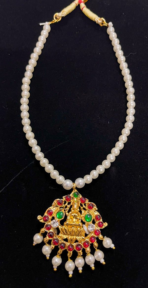 Deity long necklace / long mala - Pearls with read and green kemp stones on Gold plated metal alloy