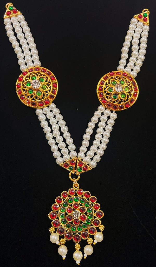 Deity long necklace / long mala - Pearls with read and green kemp stones on Gold plated metal alloy