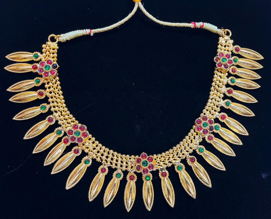 Deity short necklace / Choker - Pearls with read and green kemp stones on Gold plated metal alloy