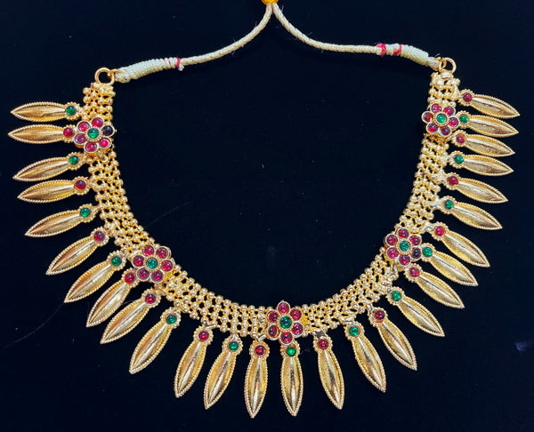 Deity short necklace / Choker - Pearls with read and green kemp stones on Gold plated metal alloy