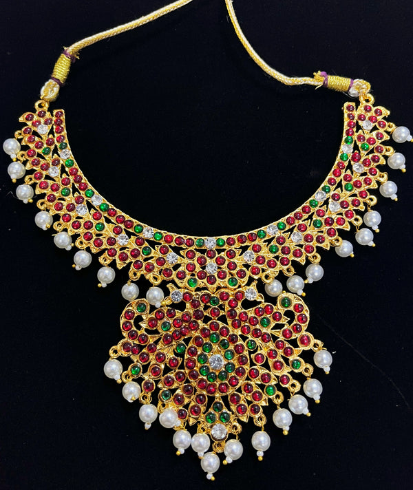 Deity short necklace / Choker - Pearls with read and green kemp stones on Gold plated metal alloy