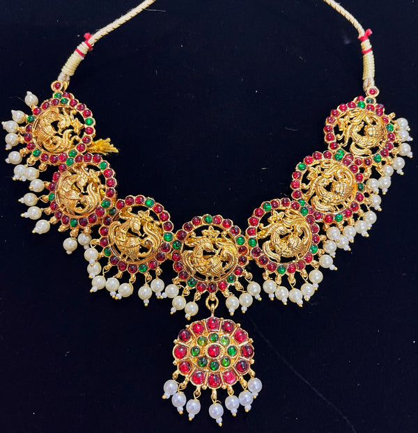 Deity short necklace / Choker - Pearls with read and green kemp stones on Gold plated metal alloy