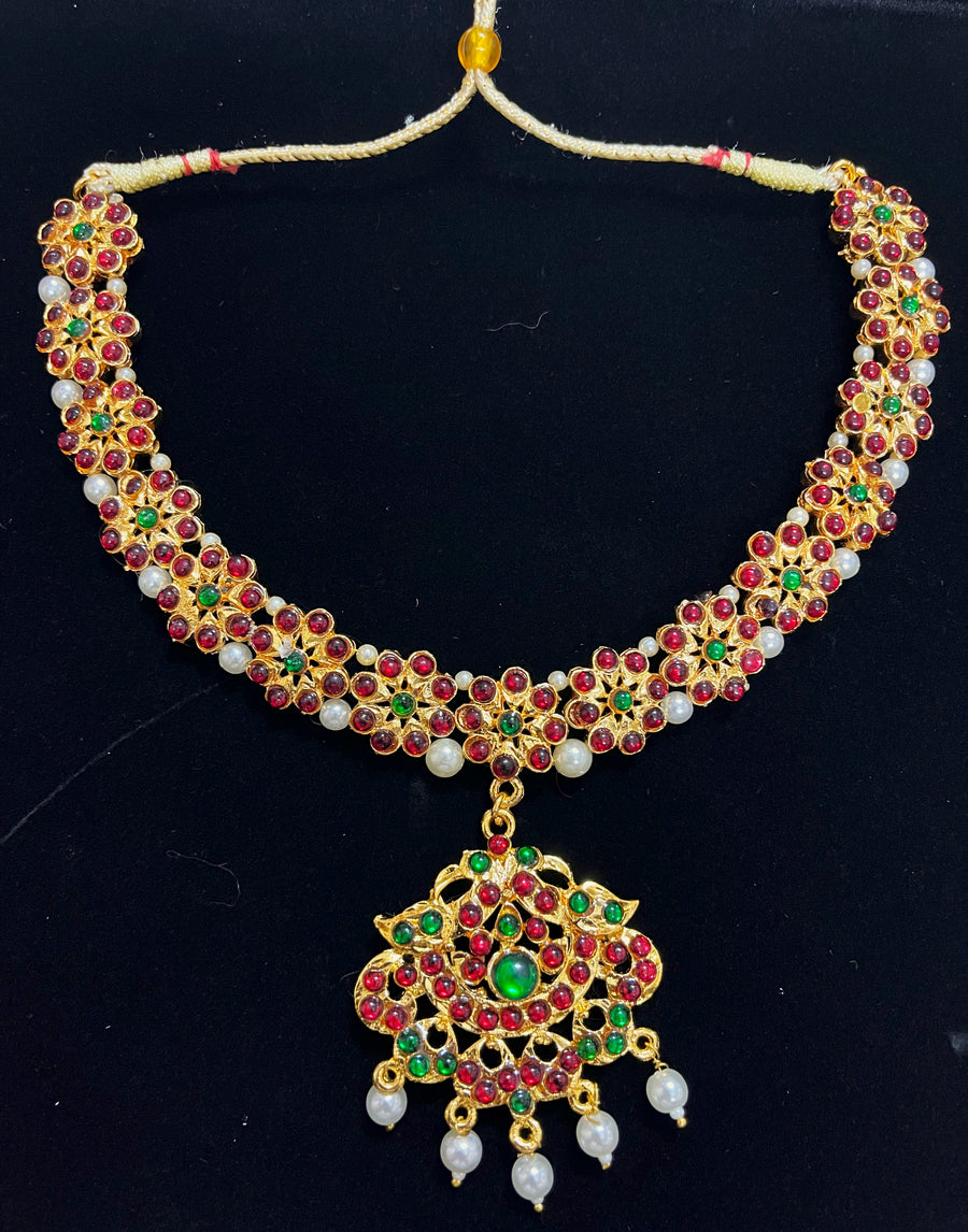 Deity short necklace / Choker - Pearls with read and green kemp stones on Gold plated metal alloy