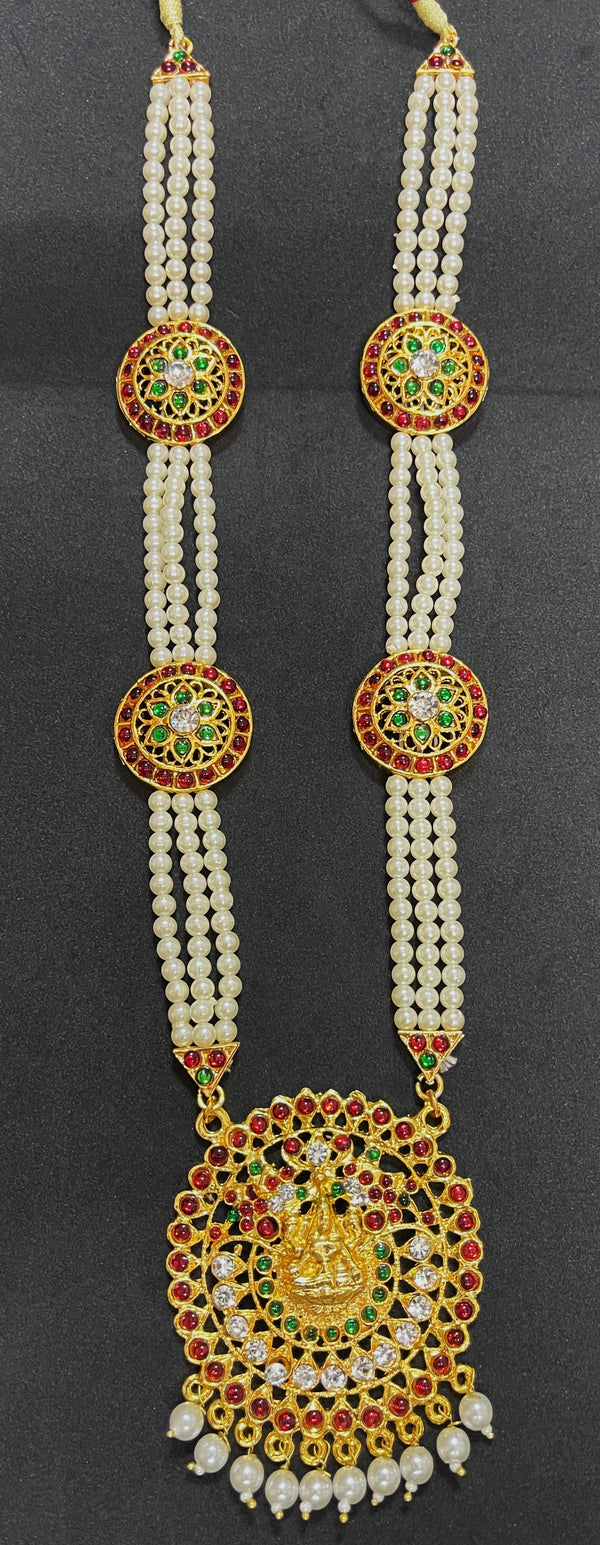 Deity long necklace / long mala - Pearls with read and green kemp stones on Gold plated metal alloy