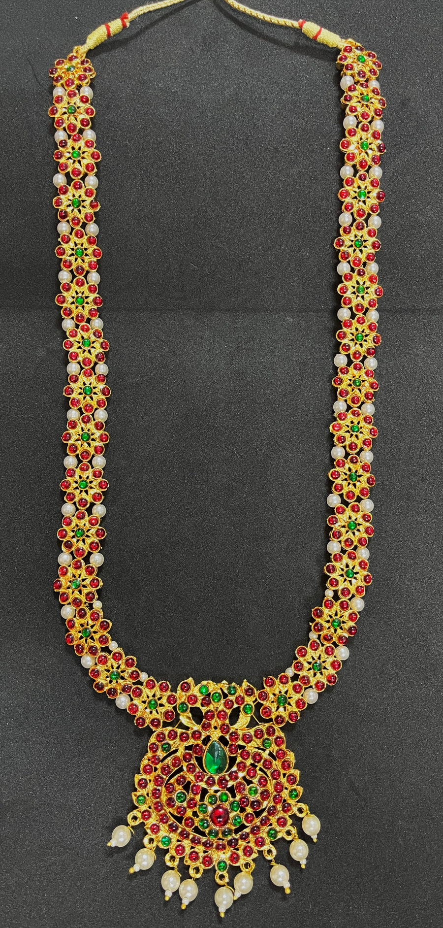 Deity long necklace / long mala - Pearls with read and green kemp stones on Gold plated metal alloy