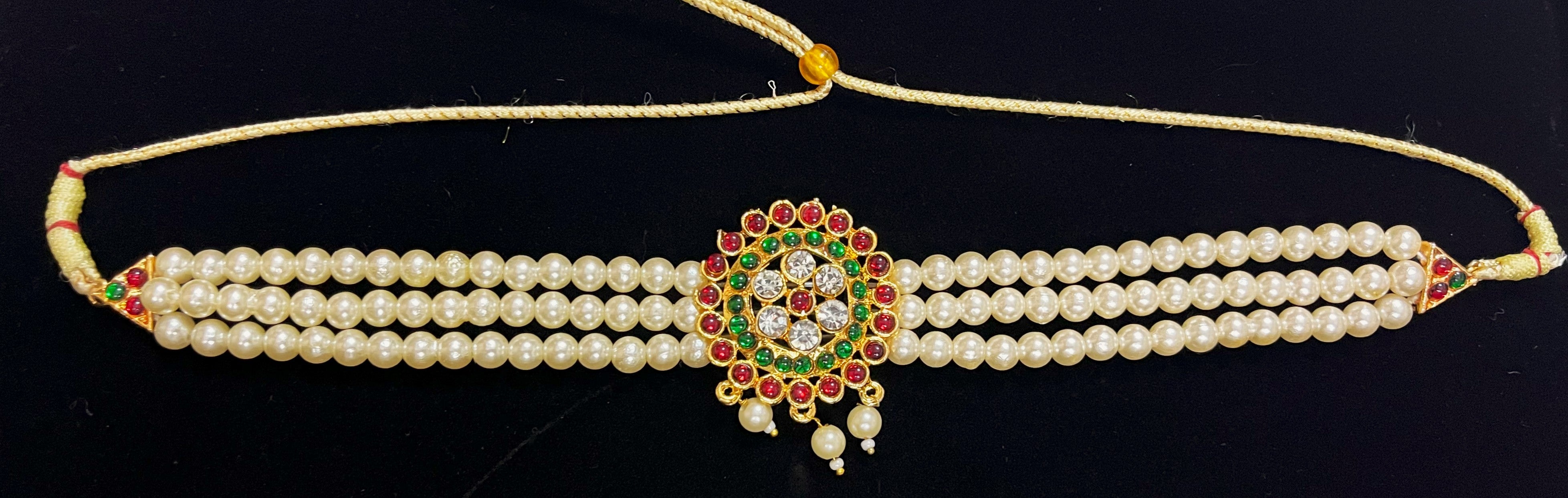 Deity waist belt, idol vaddanam - Pearls with read and green kemp stones on Gold plated metal alloy 1
