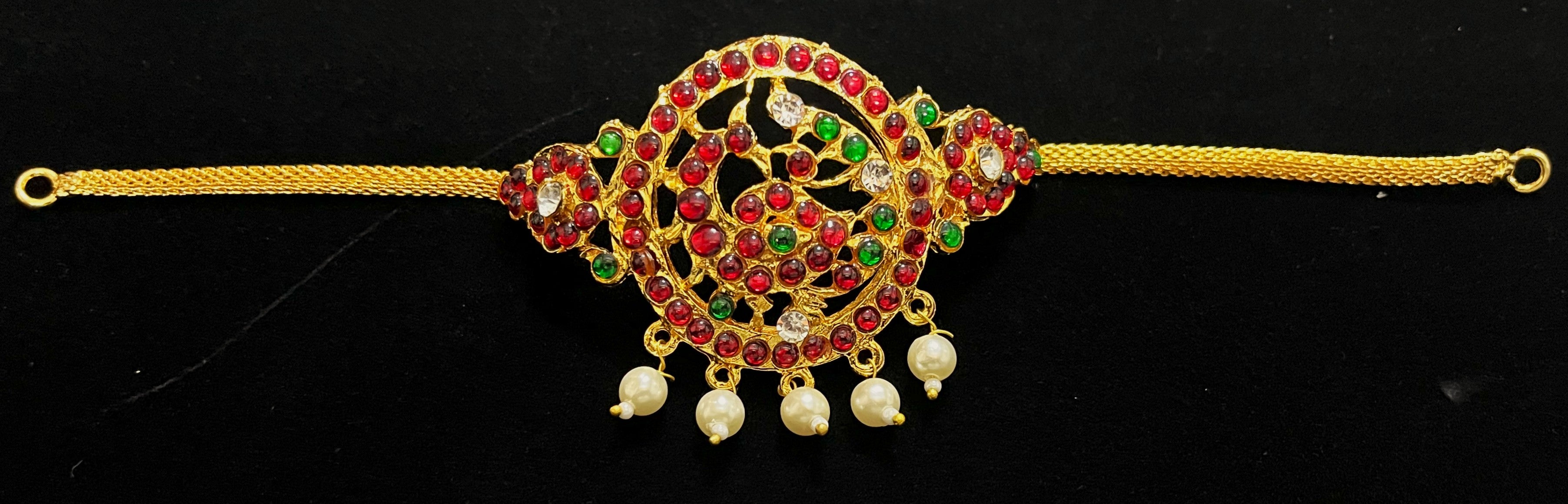 Deity waist belt, idol vaddanam - Pearls with read and green kemp stones on Gold plated metal alloy 1