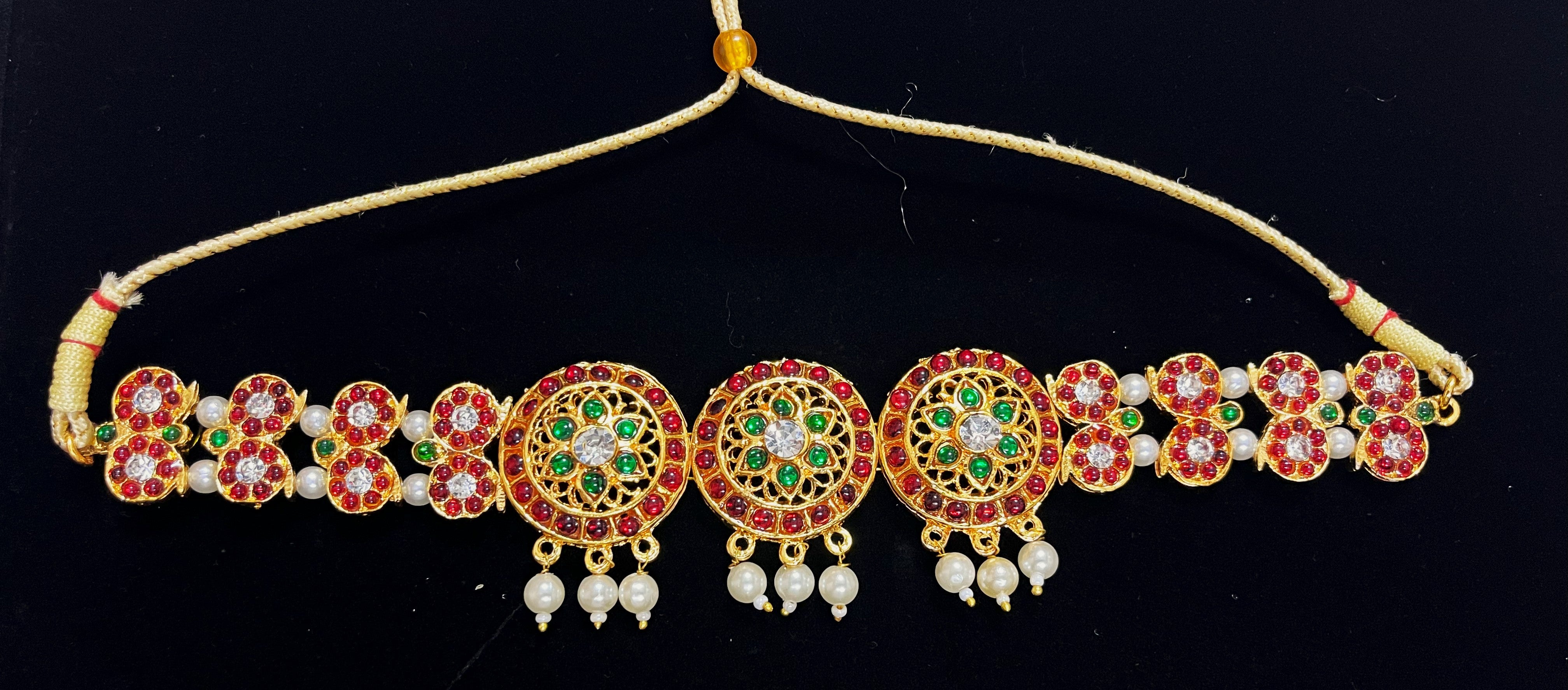 Deity waist belt, idol vaddanam - Pearls with read and green kemp stones on Gold plated metal alloy 2