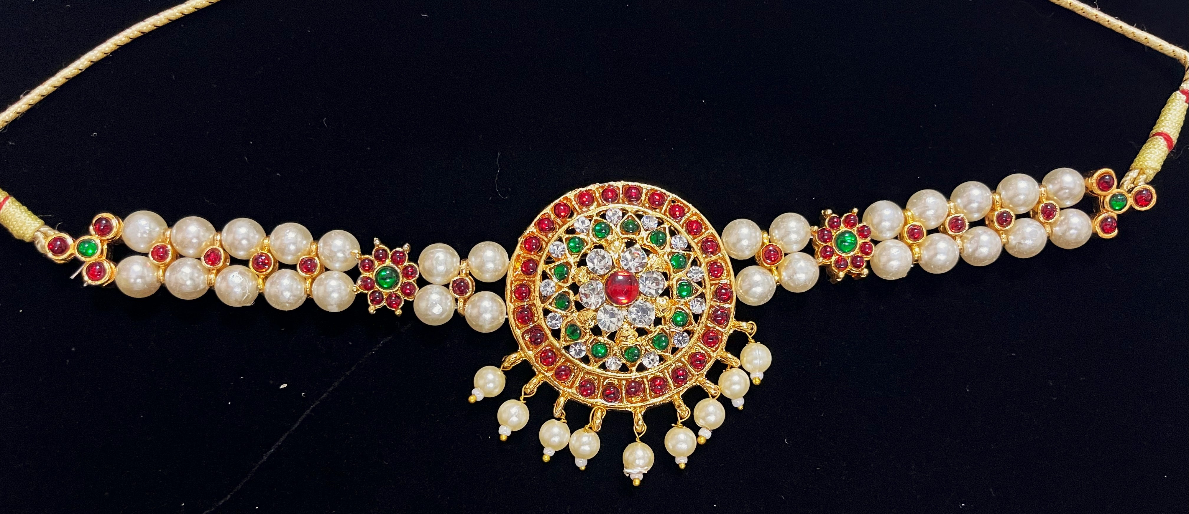 Deity waist belt, idol vaddanam - Pearls with read and green kemp stones on Gold plated metal alloy 1