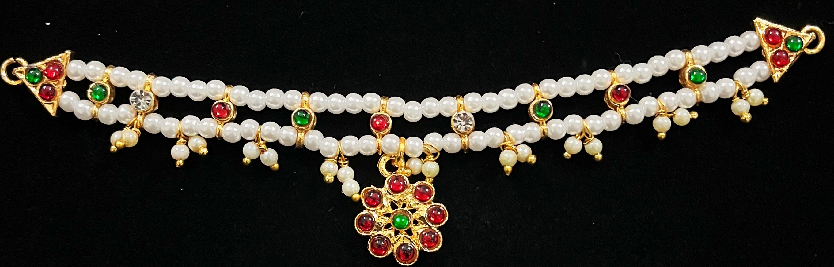 Deity waist belt, idol vaddanam - Pearls with read and green kemp stones on Gold plated metal alloy 1