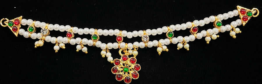 Deity waist belt, idol vaddanam - Pearls with read and green kemp stones on Gold plated metal alloy