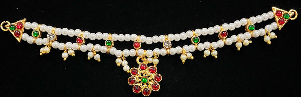 Deity waist belt, idol vaddanam - Pearls with read and green kemp stones on Gold plated metal alloy