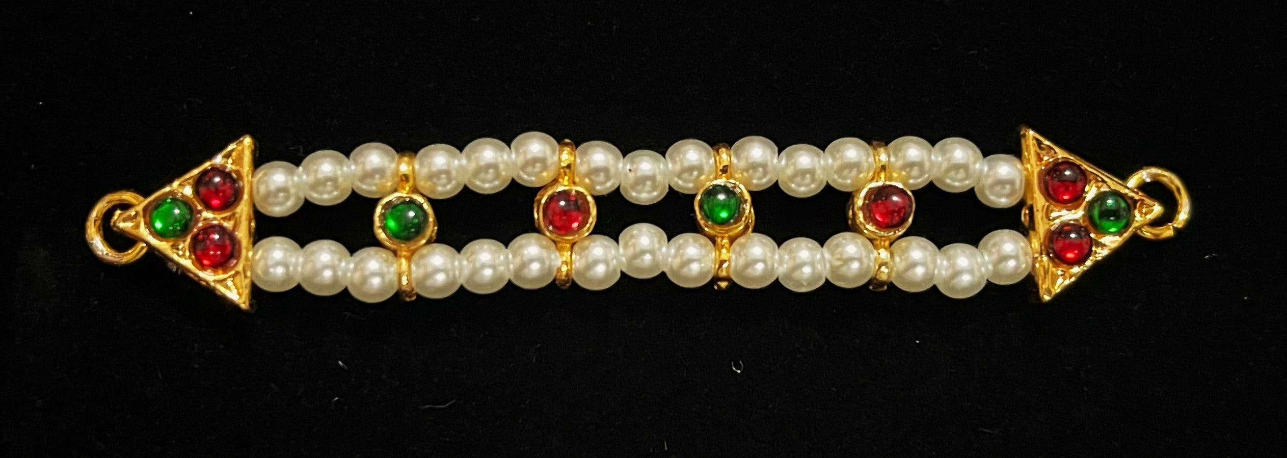 DEITY MULTIPURPOSE BELTS / Can be used as Earrings mati / Choker / Waist belt / Anklets / Bangels / Armlets - Pearls with read and green kemp stones on Gold plated metal alloy 1