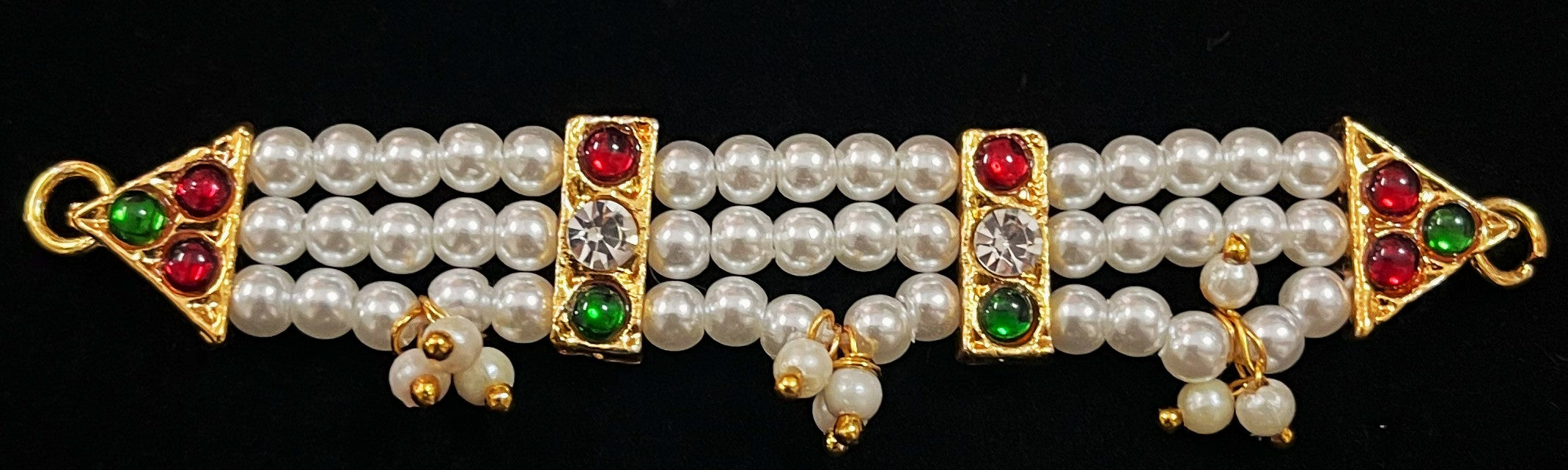 DEITY MULTIPURPOSE BELTS / Can be used as Earrings mati / Choker / Waist belt / Anklets / Bangels / Armlets - Pearls with read and green kemp stones on Gold plated metal alloy 1