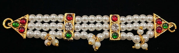 DEITY MULTIPURPOSE BELTS / Can be used as Earrings mati / Choker / Waist belt / Anklets / Bangels / Armlets - Pearls with read and green kemp stones on Gold plated metal alloy