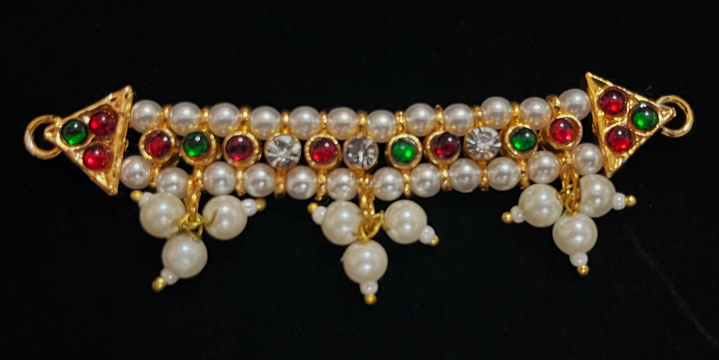 DEITY MULTIPURPOSE BELTS / Can be used as Earrings mati / Choker / Waist belt / Anklets / Bangels / Armlets - Pearls with read and green kemp stones on Gold plated metal alloy 1